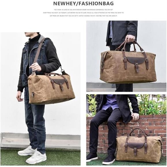 Genuine Leather Oversized Travel Duffel Bag Waterproof Canvas Hand Bag Brown NEW - Picture 7 of 7